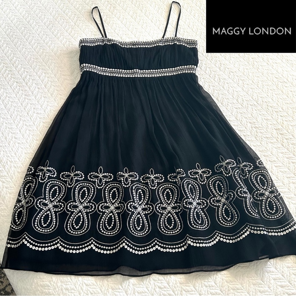 💥Price DROP! Maggie London Sheer Black Silk Sequinned Empire Waist Dress Size 10